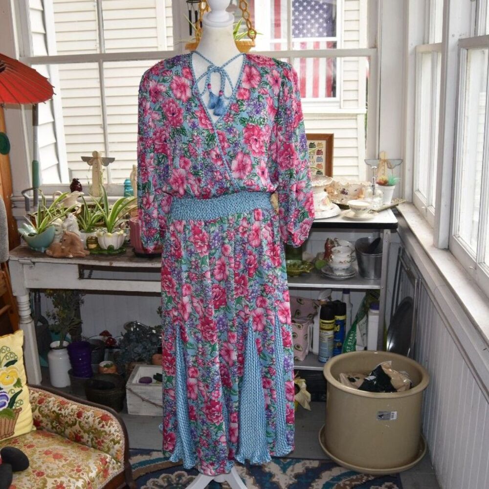 Vintage 80s Diane Freis Original Floral Georgette Dress Beaded Tassel L